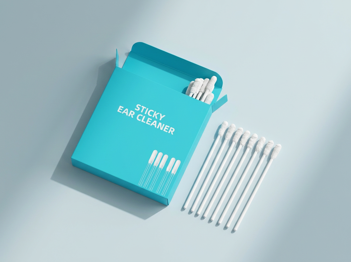 Geopend turquoise Sticky Ear Cleaner doosje met siliconen koppen op een lichte ondergrond