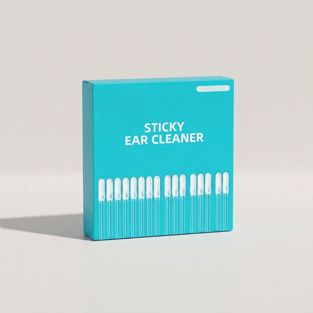 Turquoise Sticky Ear Cleaner doosje vanuit een hoek gefotografeerd