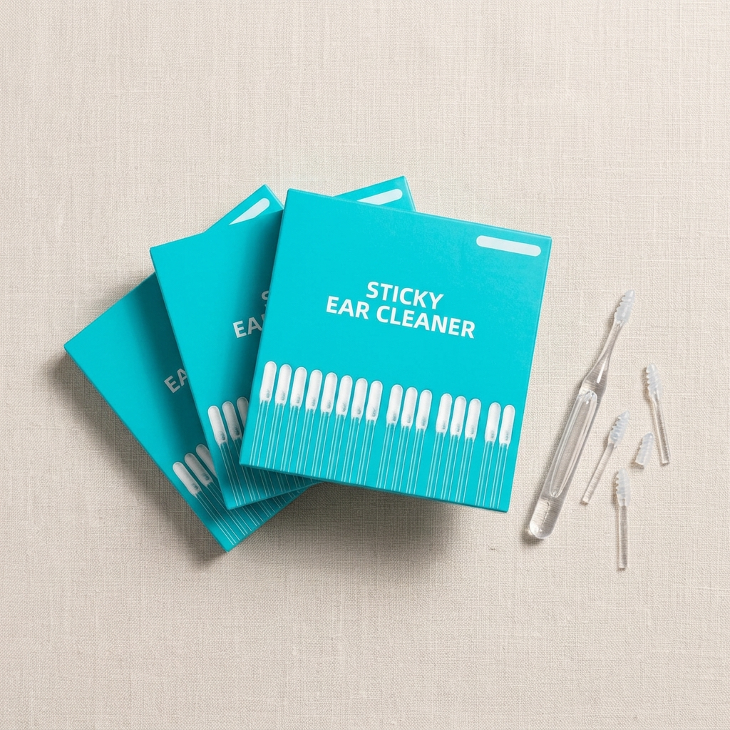 Drie turquoise Sticky Ear Cleaner doosjes met handvat en losse koppen op linnen