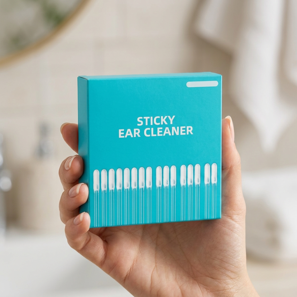Hand met een turquoise Sticky Ear Cleaner doosje in een lichte badkamer